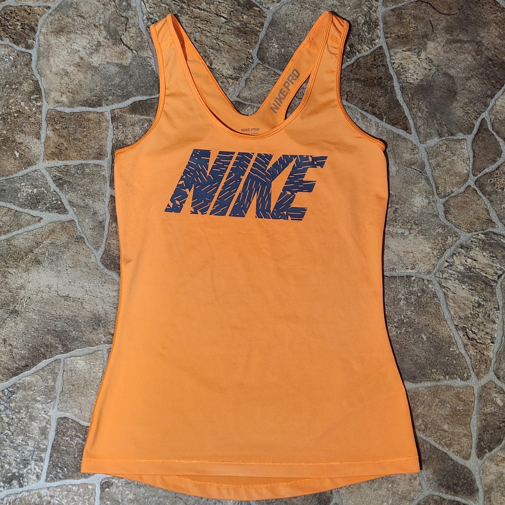 Nike Women's Orange Tank Top with Blue Logo